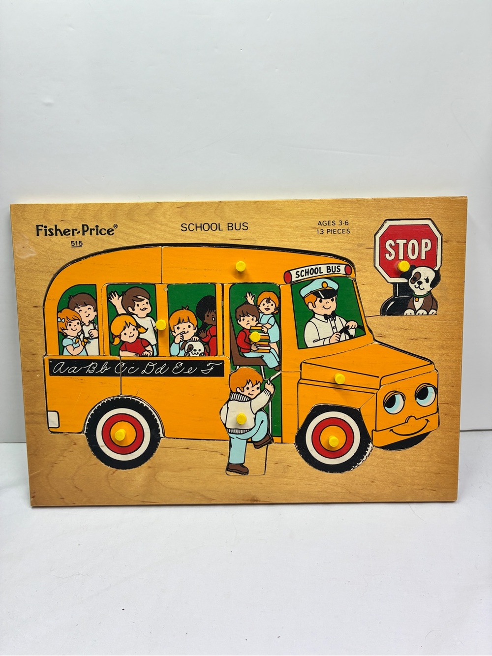 Vintage 80s Fisher-Price Wooden Puzzle 13pc School Bus ABC Kids Toddler Complete